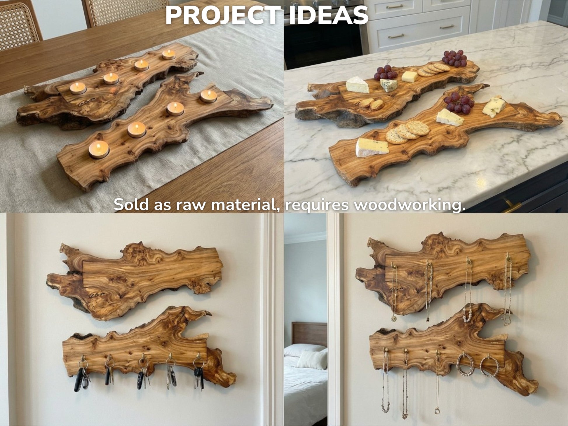 Collage displaying project ideas for live-edge slabs, including candle holders, serving boards, and wall-mounted organizers.