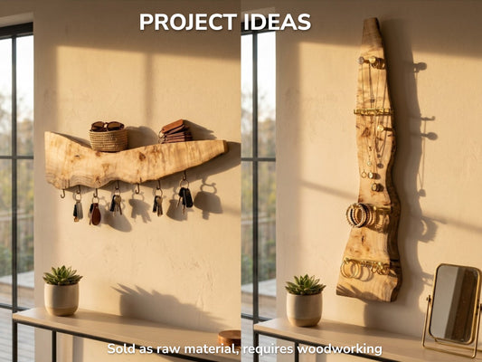 A split view shows wavy-edged wood planks as a key shelf and jewelry holder.