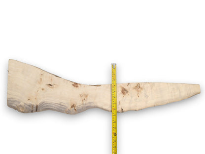 A yellow ruler measures an asymmetrical timber slab with scattered burls and a tapering end.