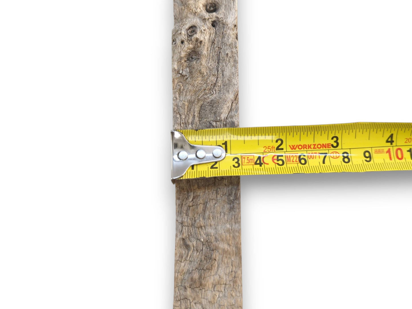 A close-up shows a tape measure across a weathered, knotty branch on a white background.