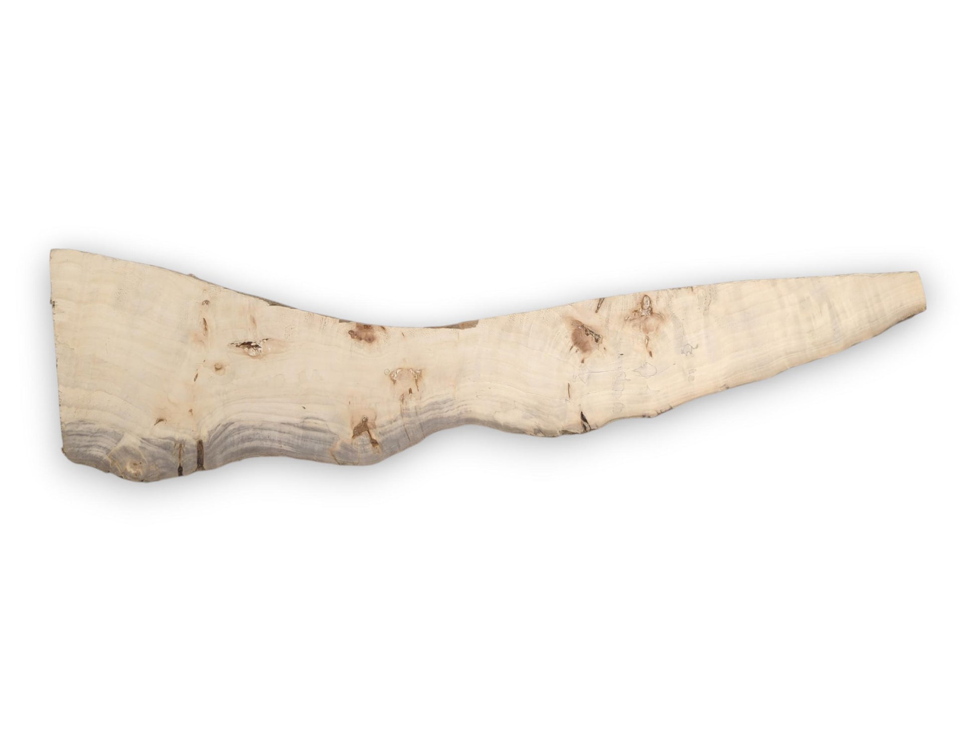 An elongated poplar slab shows grey mineral staining along its undulating live edge.