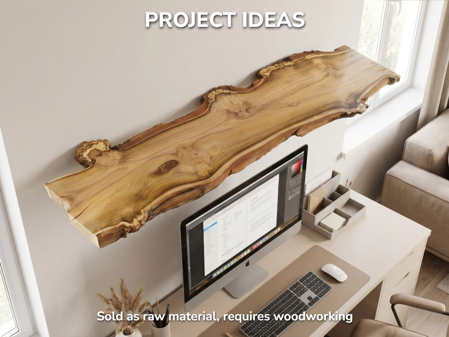 A live edge black locust wood slab shown as a finished floating shelf in a home office.