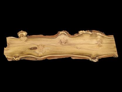 A raw, live edge black locust wood slab, isolated on a black background to show grain.