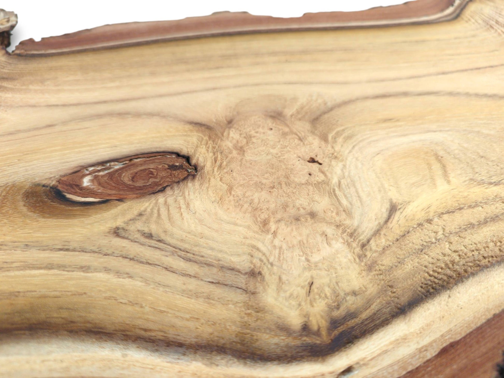 A detailed close-up of a black locust wood slab shows the intricate grain around a knot.