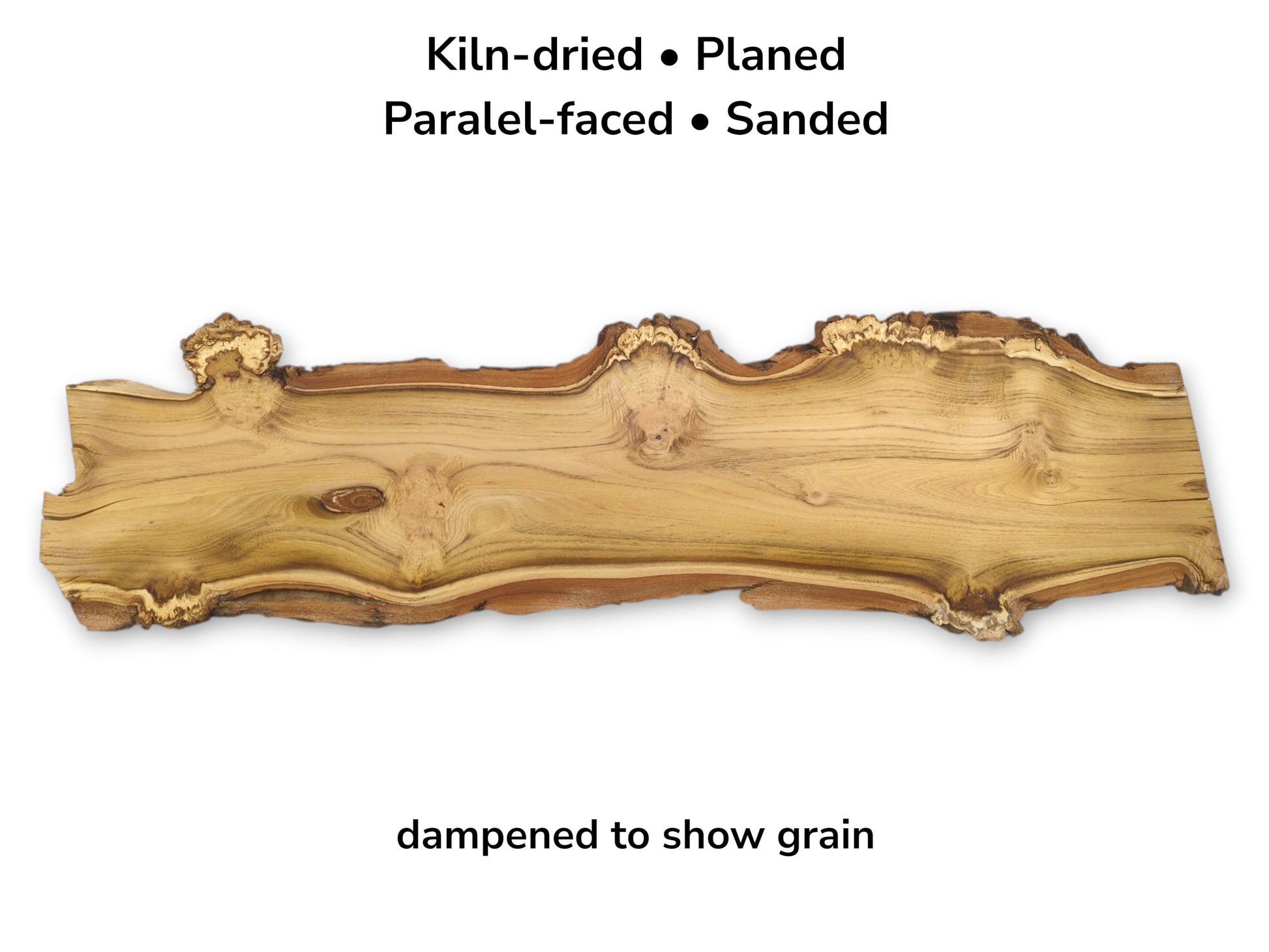 A long, kiln-dried, planed, parallel-faced, and sanded wood slab with natural bark edges.