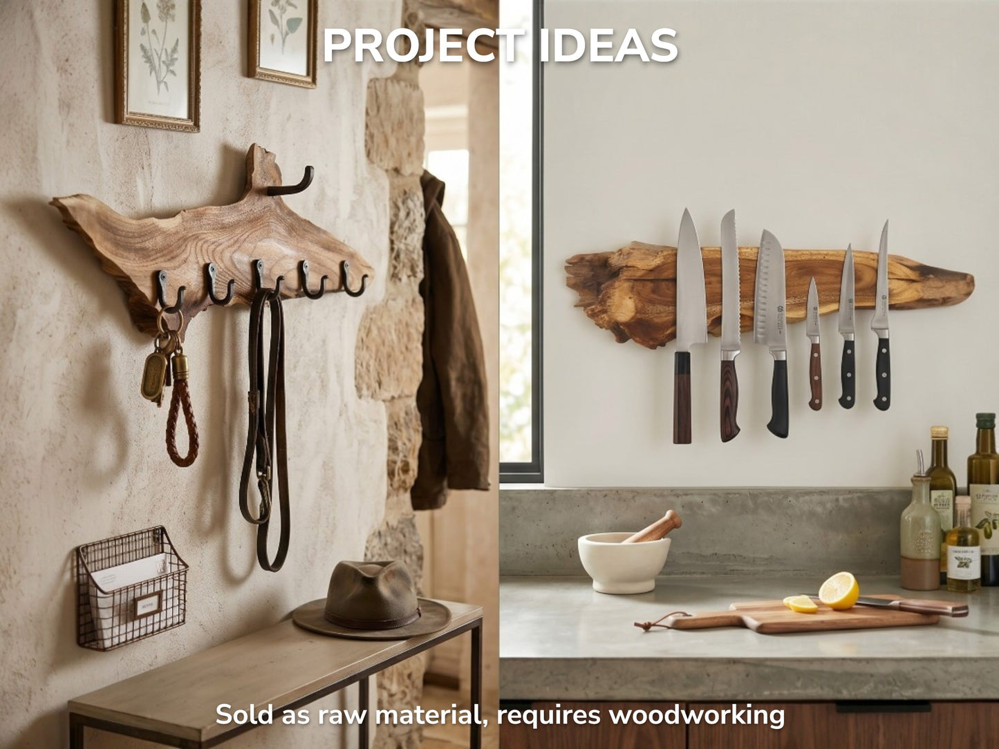Two Mulberry wood root slices, one with hooks as a coat rack, the other as a knife holder.