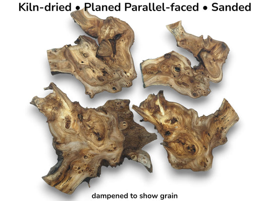Four kiln-dried, planed, parallel-faced, and sanded hardwood slices with natural edges and burls.