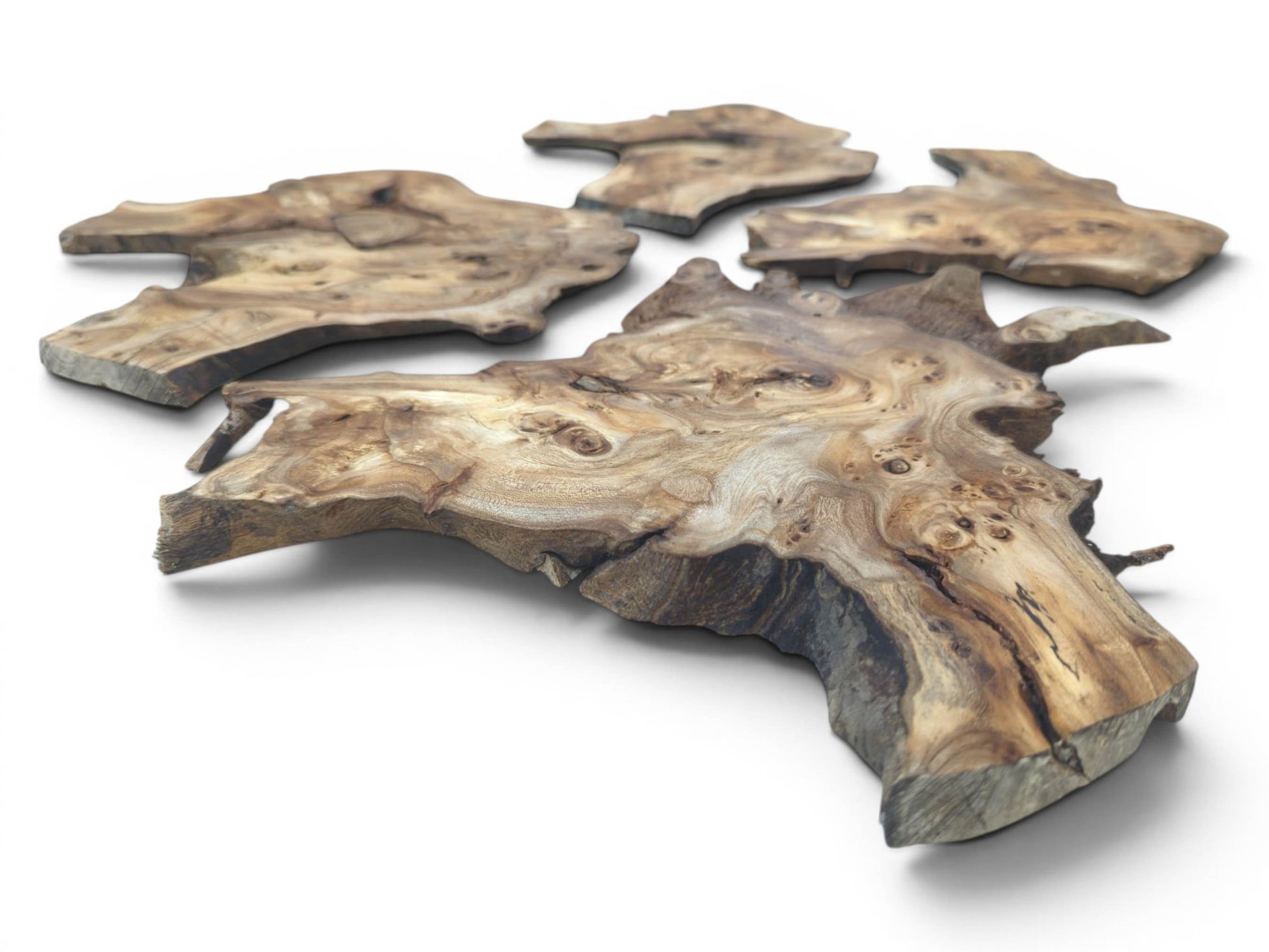 Four natural edge hardwood slices with unique grain patterns, burls, and visible bark on a white background.
