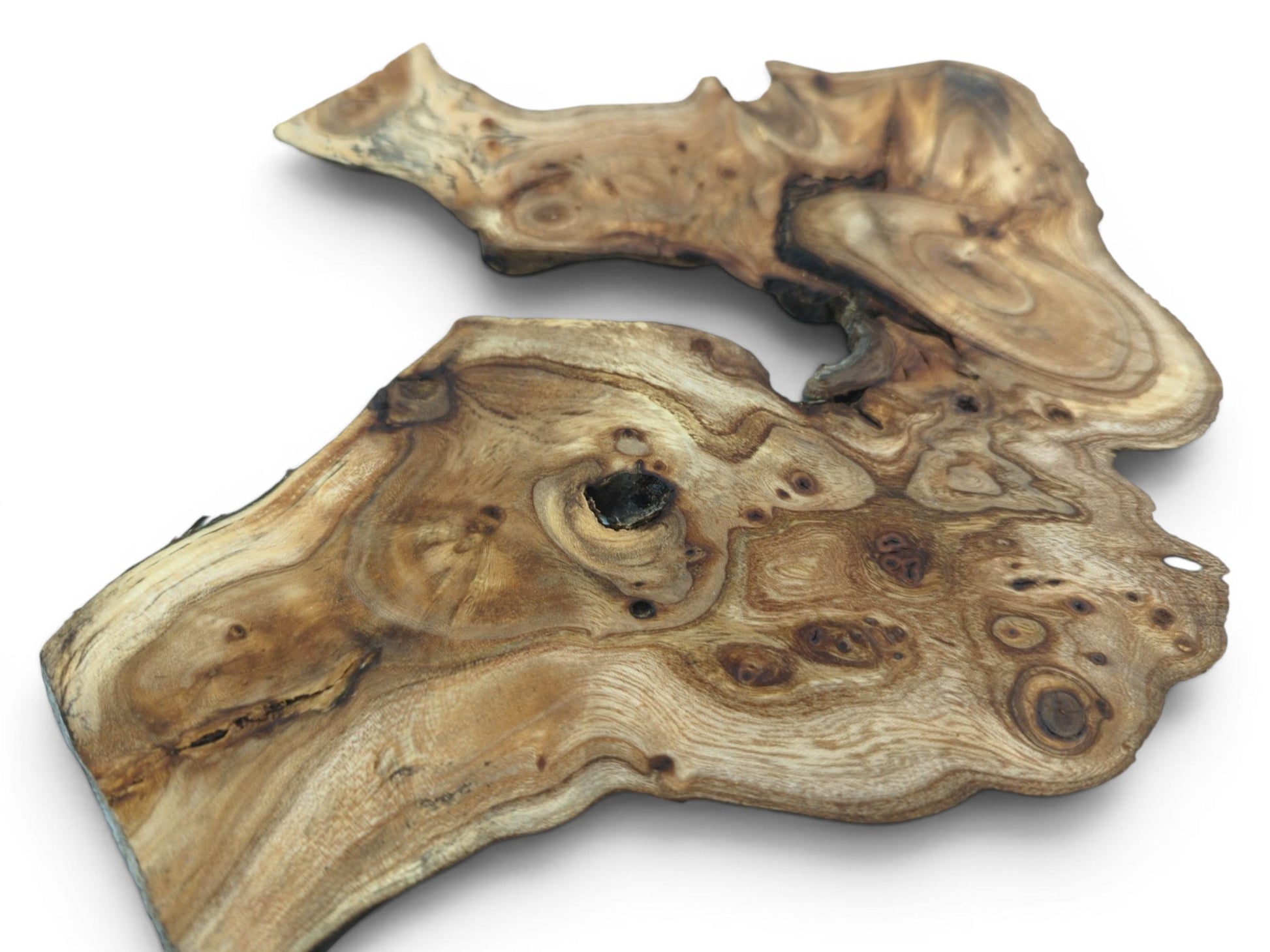 Two natural edge hardwood slices with unique grain patterns, burls, and a dark knot on white.
