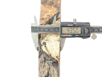 Measuring a rough, multi-toned brown wood slice with a digital caliper displaying 43.50 millimeters.