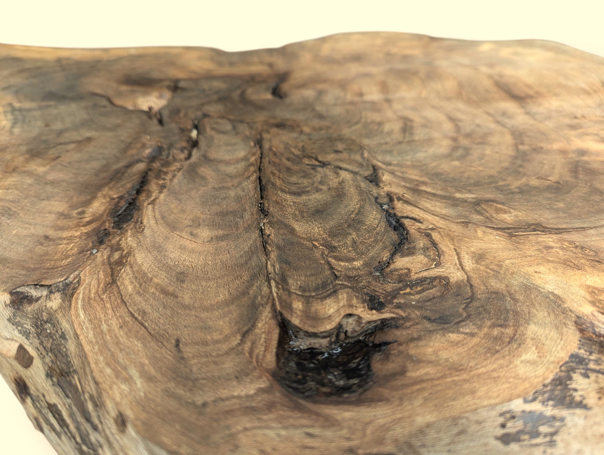 Detailed view of a dark brown wood slice, featuring swirling grain patterns, natural fissures, and a deep knot.