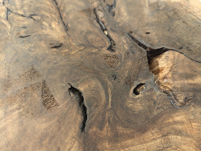 Surface of a dark brown wood slice with intricate swirling grain, deep cracks, and natural imperfections.