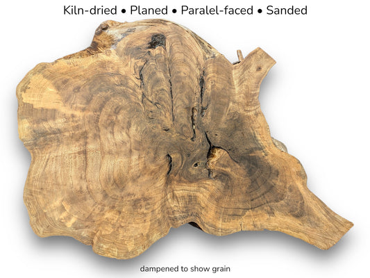 Irregular walnut root slice showing rich brown grain patterns with text listing kiln-dried and sanded specifications.