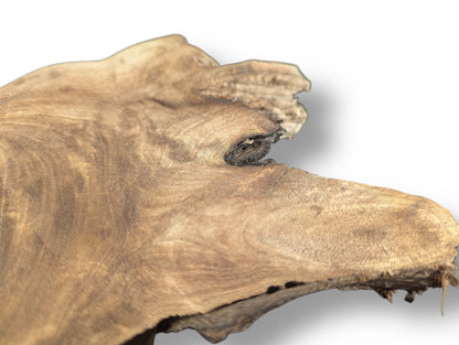 Close-up shows an irregular, textured light brown wood slice with prominent swirling grain and a dark knot.