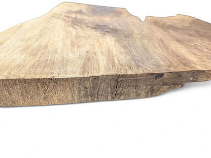 Organic brown wood slice, showing a light top surface with grain, and a dark, rough, cracked side.