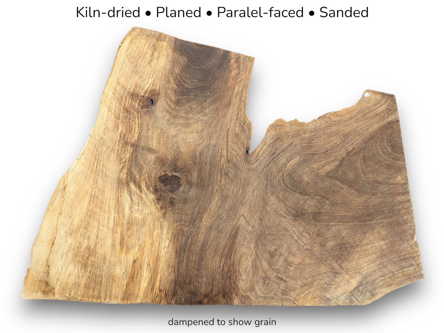 Live edge walnut wood slice, irregularly shaped, with varied brown grain. Overlaid text describes preparation.