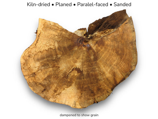 Image with text details showing irregular walnut root slice with intricate brown grain and smooth texture.