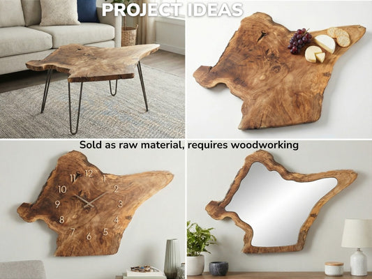 Collage with text showing project ideas for a wood slab: a table, serving board, clock, and mirror.