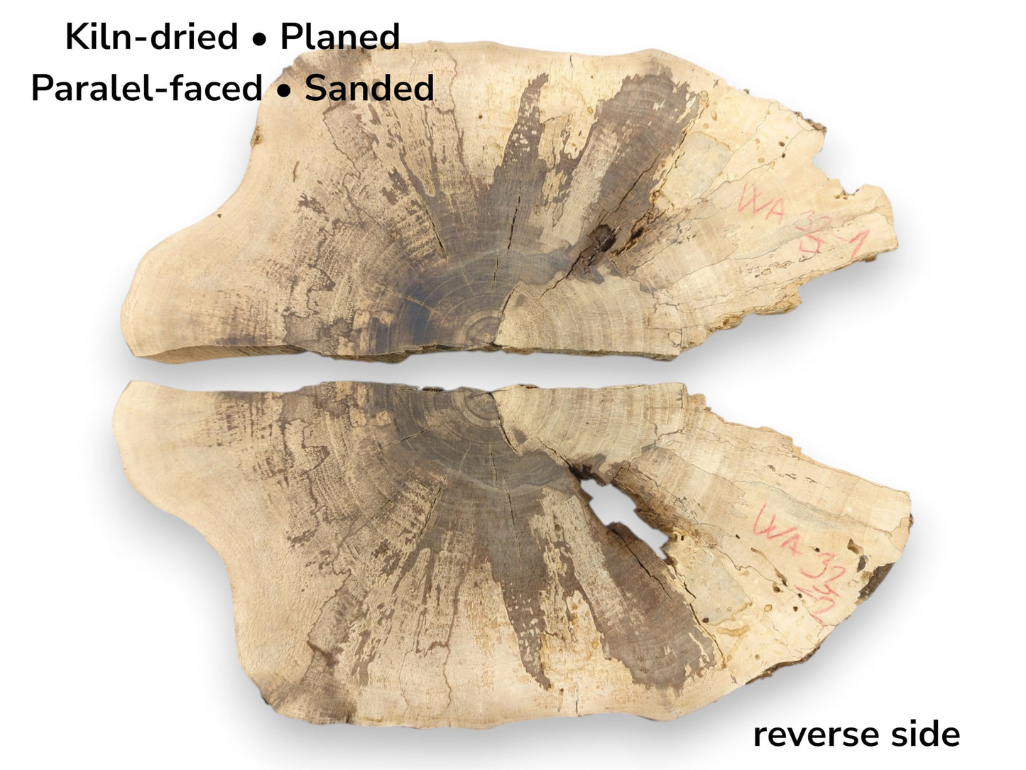 Two walnut wood cross-sections showing front and reverse, with text detailing their project-ready preparation.