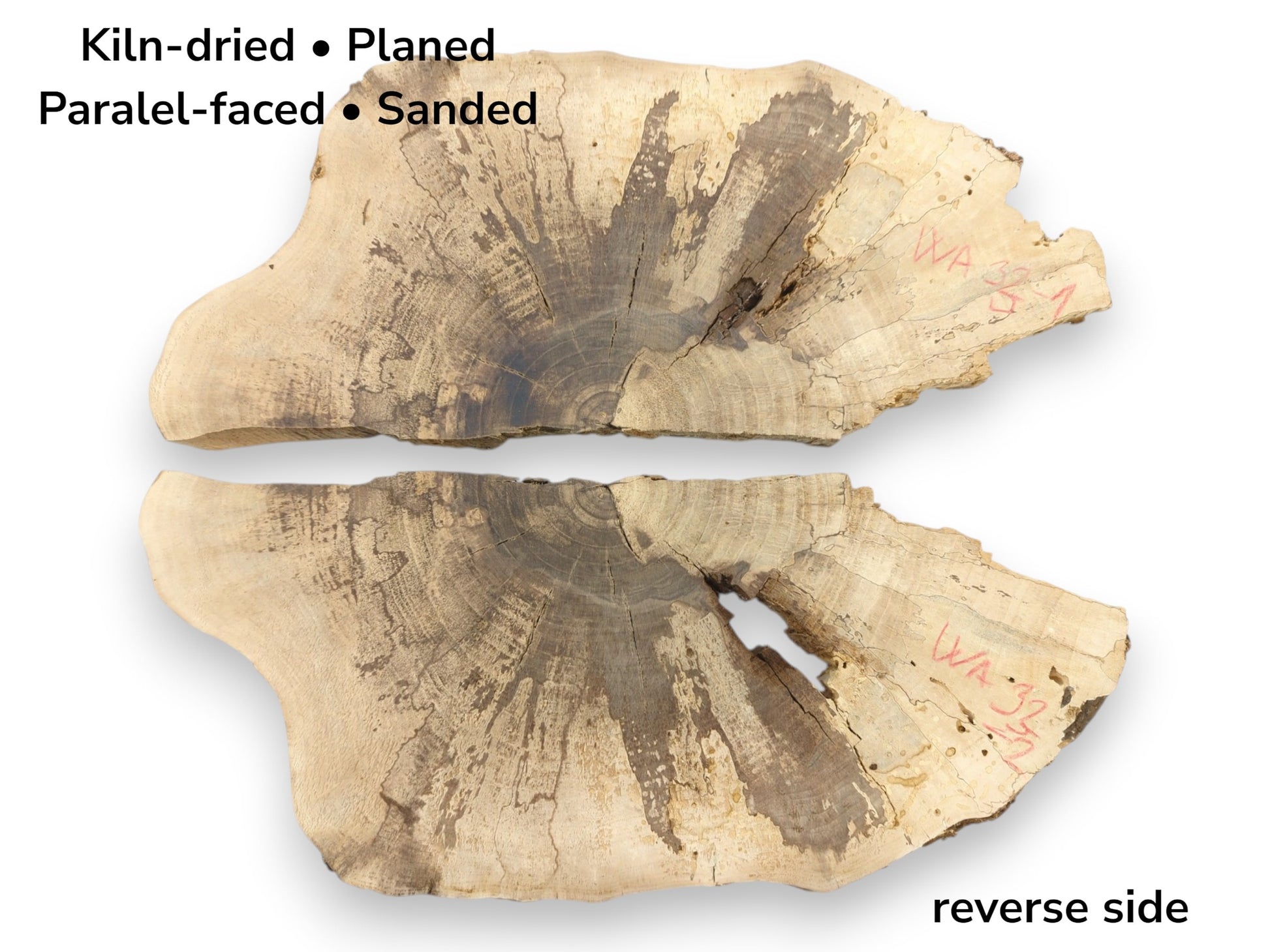 Two walnut wood cross-sections showing front and reverse, with text detailing their project-ready preparation.