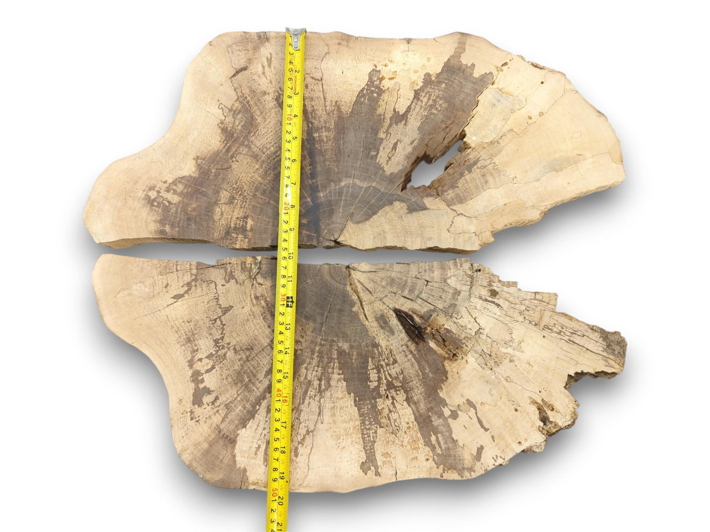 A yellow measuring tape is laid over two light walnut slabs to show their combined vertical dimension.