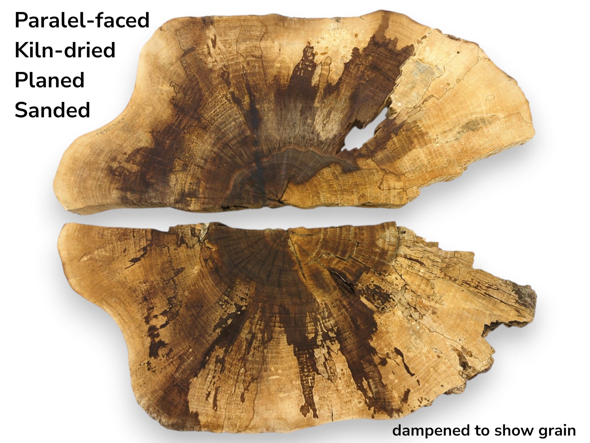 Two dampened walnut wood slabs with text overlay detailing their planed, sanded, and kiln-dried preparation.
