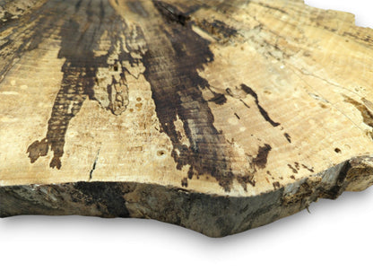 A close-up, angled view reveals the intricate dark patterns and rough-hewn edge of a walnut slice.