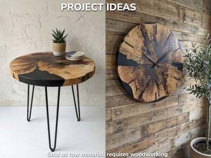 Collage with text showing finished project examples: a walnut slab table and a matching wall clock.