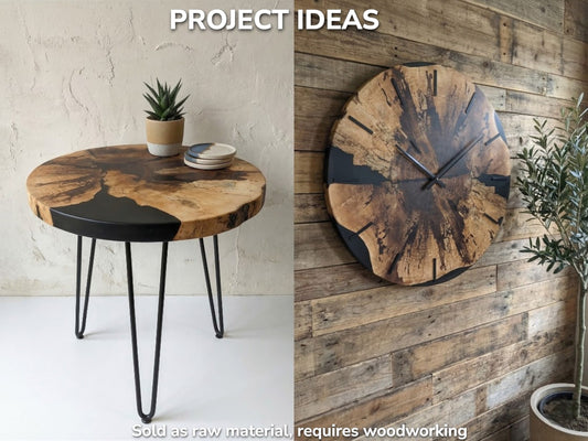 Collage with text showing finished project examples: a walnut slab table and a matching wall clock.