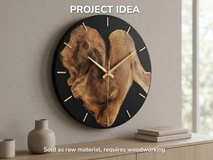 A project idea showing a walnut root slab set in black resin as a round wall clock with gold hands.