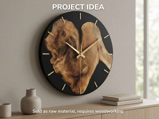 A project idea showing a walnut root slab set in black resin as a round wall clock with gold hands.