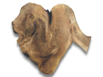 A heart-shaped walnut root slab with a deep central cleft, wing-like extension, and swirling brown grain.