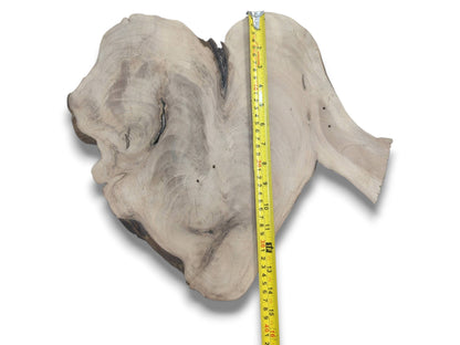 A top-down view of a heart-shaped, light brown walnut slab with a measuring tape along its length.