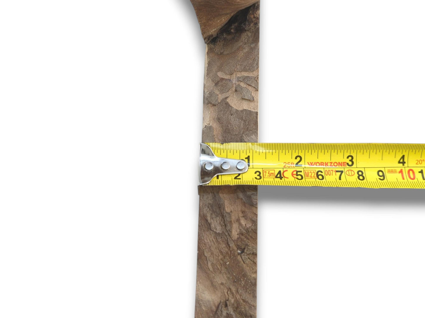 A close-up of a yellow tape measure held against the raw, textured edge of a walnut slab.