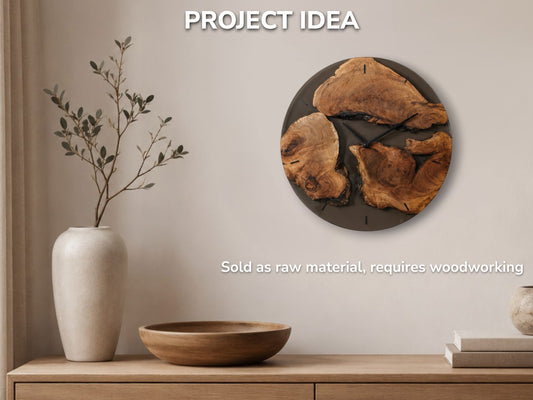 Three English walnut root wood slices with live edges embedded in a dark round clock.