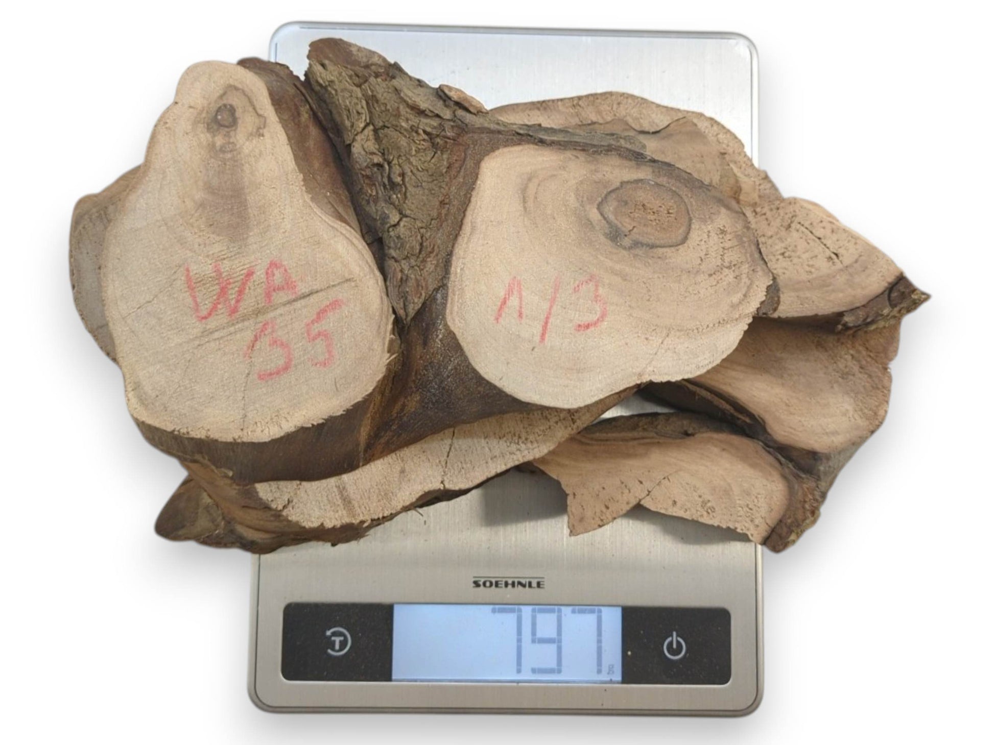 Multiple English walnut root wood slices with natural live edges on a digital scale.