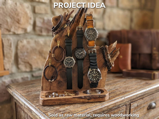 A rustic walnut wood slab crafted into a watch and bracelet display stand on a wooden dresser.
