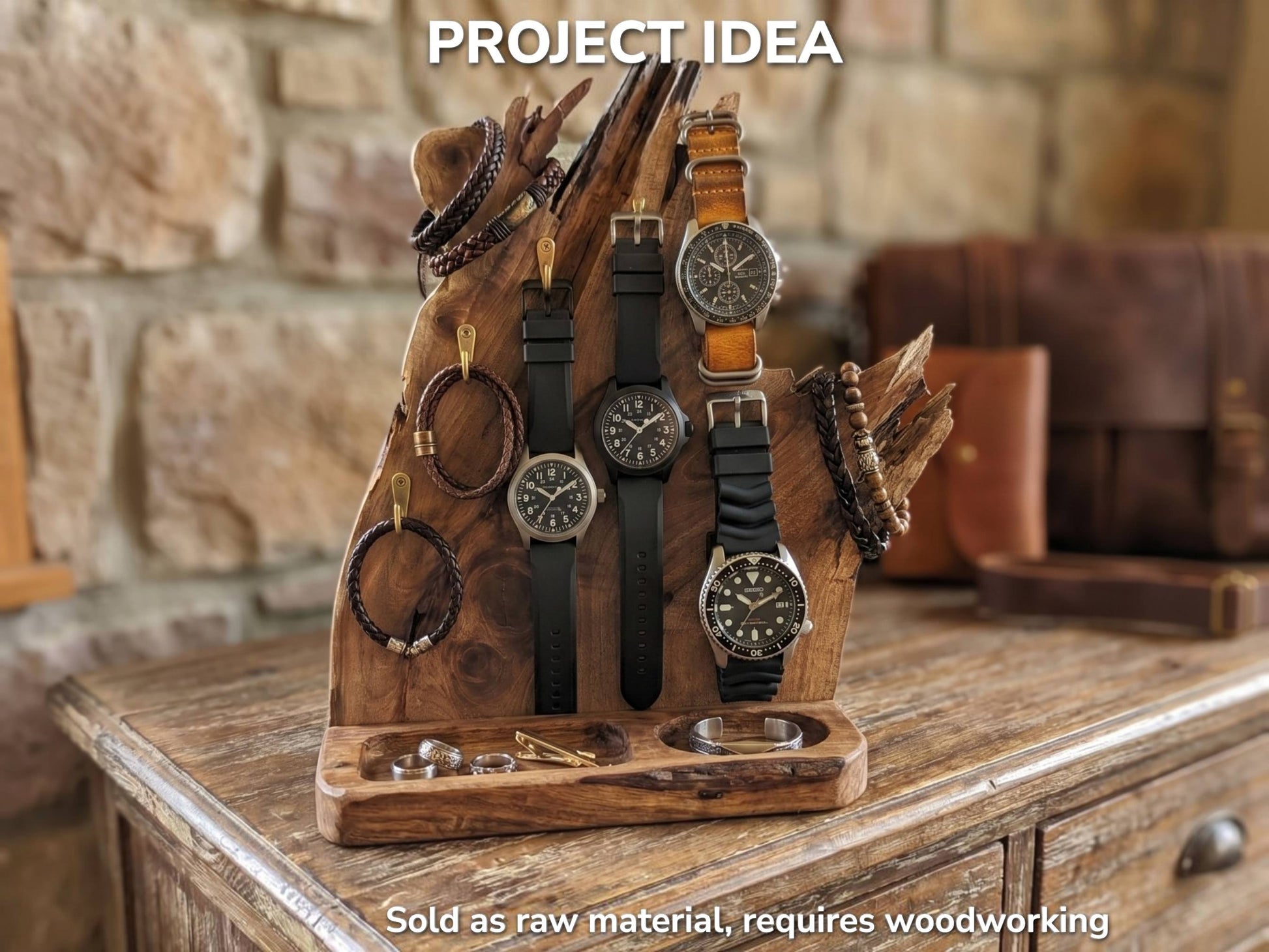 A rustic walnut wood slab crafted into a watch and bracelet display stand on a wooden dresser.