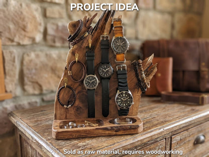 A rustic walnut wood slab crafted into a watch and bracelet display stand on a wooden dresser.