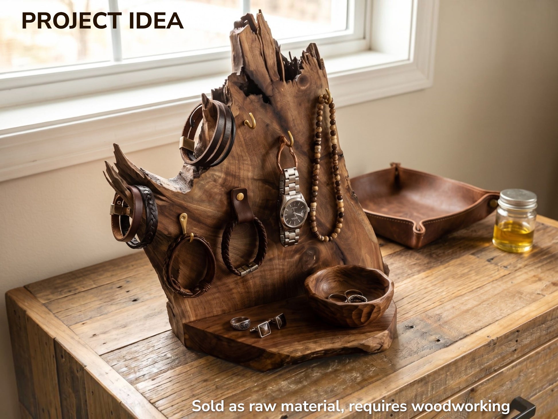 A rustic walnut root wood slice crafted into a jewelry stand with a live edge.
