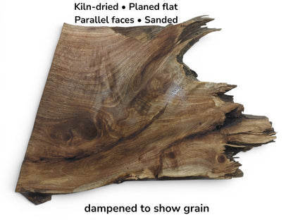 A kiln-dried, planed, sanded walnut root wood slice with a live edge and rich grain.