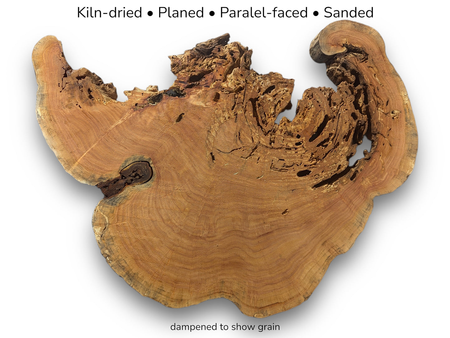 A weeping willow root slice with text detailing its kiln-dried, planed, and sanded preparation.