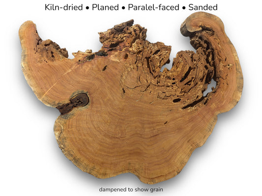 A weeping willow root slice with text detailing its kiln-dried, planed, and sanded preparation.