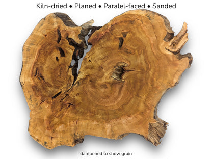 A dampened weeping willow root slice with text listing preparation like kiln-dried and sanded.