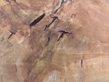Close-up of a golden-brown wood slice surface, showing prominent grain patterns and dark, irregular cracks.