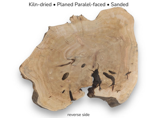 Irregular wood slice visual with text overlay: Kiln-dried, Planed Parallel-faced, Sanded, reverse side.