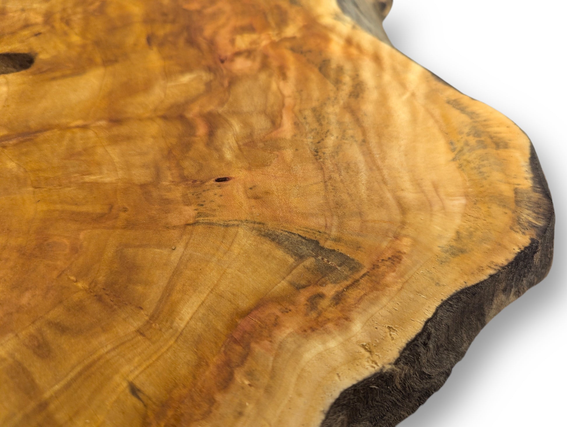 Polished golden-brown wood slice with visible growth rings, natural dark markings, and a prominent live edge.