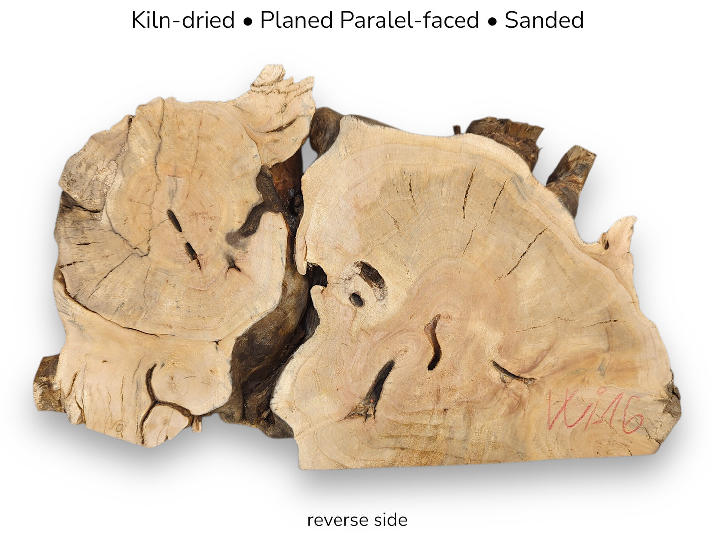 Image displaying two irregular, light brown wood pieces, with prominent grain, natural voids, and descriptive text.