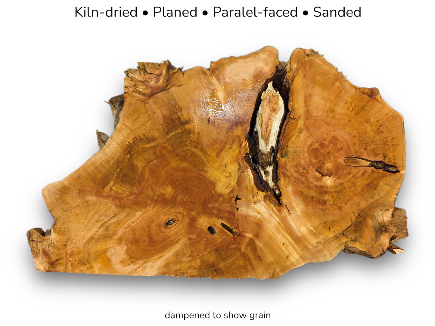 Irregular, live edge wood slice, reddish-brown with prominent grain, natural void, and descriptive text overlay.