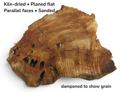 A kiln-dried, planed, and sanded weeping willow wood slab with natural cracks and holes.